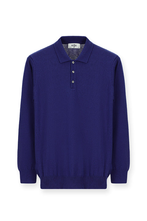 Indigo Polo Collar Regular Fit Cotton Cashmere Knit Sweater
