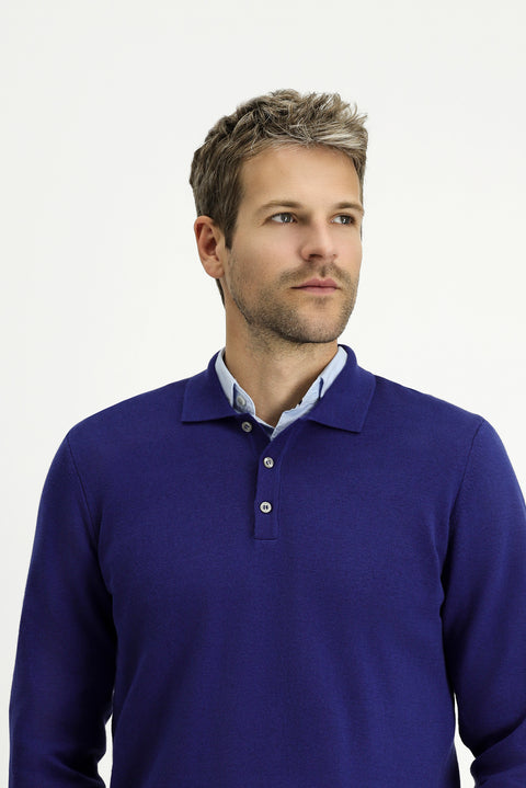 Indigo Polo Collar Regular Fit Cotton Cashmere Knit Sweater