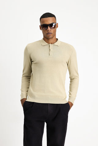  Orta Bej Polo Yaka Regular Fit Pamuklu Kaşmirli Triko Kazak