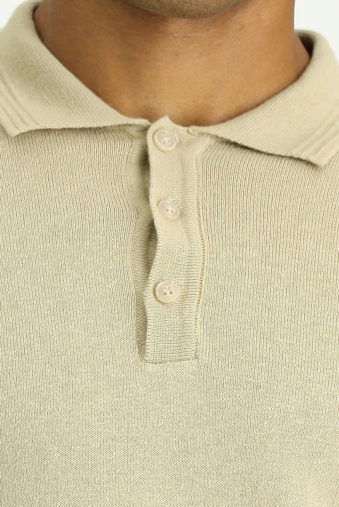 Orta Bej Polo Yaka Regular Fit Pamuklu Kaşmirli Triko Kazak