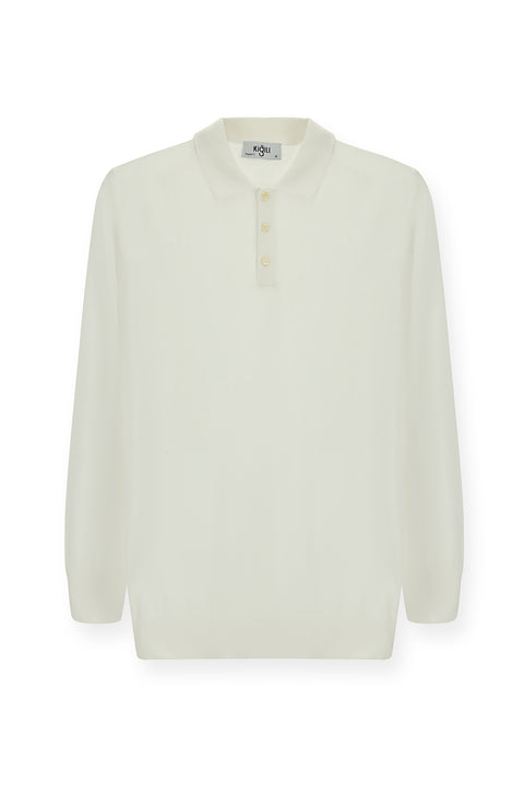 Kırık Beyaz Polo Yaka Regular Fit Pamuklu Kaşmirli Triko Kazak