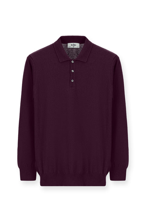 Koyu Bordo Polo Yaka Regular Fit Pamuklu Kaşmirli Triko Kazak