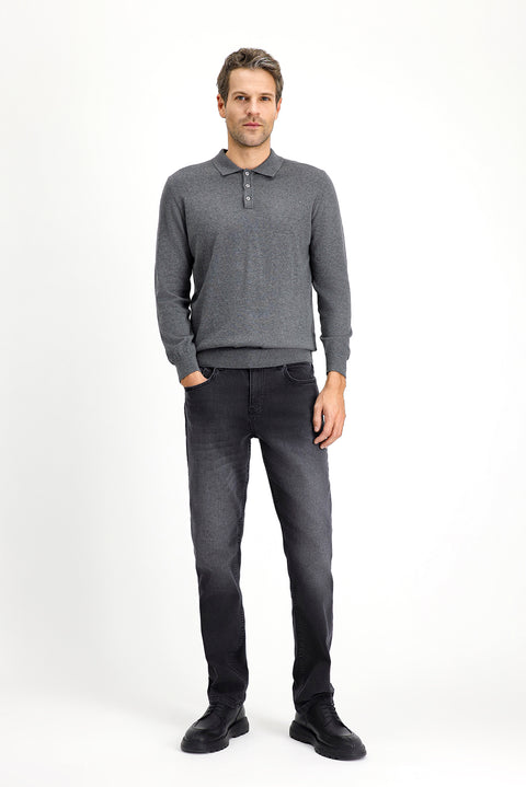 Orta Anrasit Melanj Polo Yaka Regular Fit Pamuklu Kaşmirli Triko Kazak