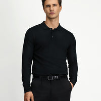 Siyah Polo Yaka Regular Fit Yünlü Triko Kazak