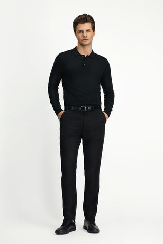  Siyah Polo Yaka Regular Fit Yünlü Triko Kazak