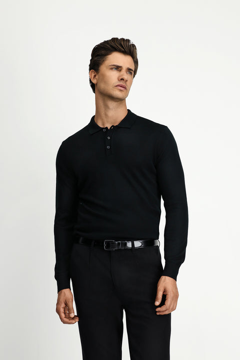 Siyah Polo Yaka Düğmeli Regular Fit Sıcak Tutan Yünlü Triko Kazak