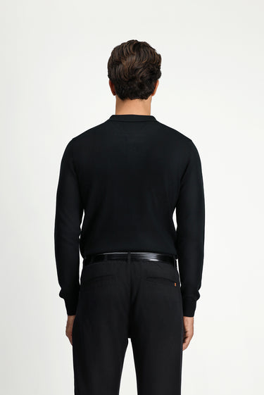 Siyah Polo Yaka Regular Fit Yünlü Triko Kazak