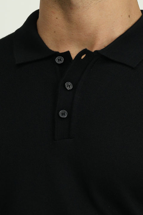 Siyah Polo Yaka Düğmeli Regular Fit Sıcak Tutan Yünlü Triko Kazak