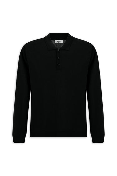 Siyah Polo Yaka Regular Fit Yünlü Triko Kazak