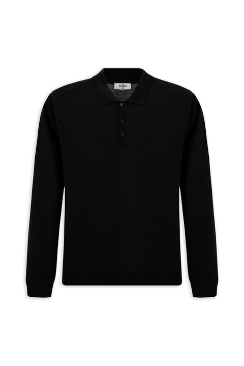 Siyah Polo Yaka Düğmeli Regular Fit Sıcak Tutan Yünlü Triko Kazak