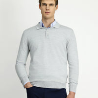 Açık Gri Melanj Polo Yaka Düğmeli Regular Fit Sıcak Tutan Yünlü Triko Kazak