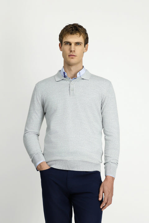 Açık Gri Melanj Polo Yaka Düğmeli Regular Fit Sıcak Tutan Yünlü Triko Kazak