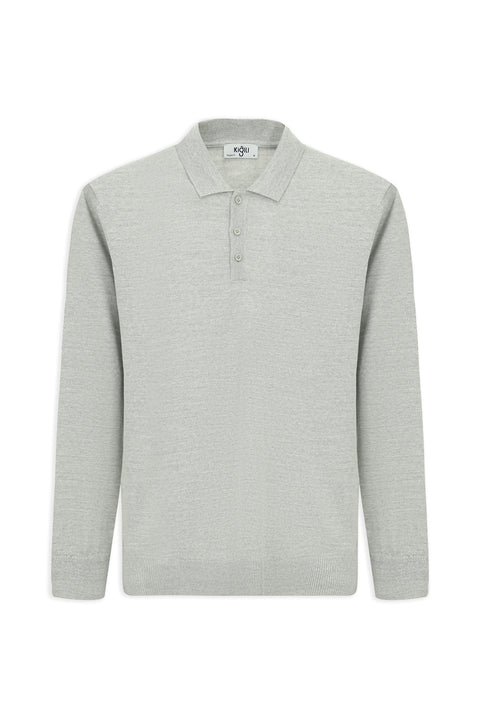 Light Grey Melange Polo Collar Button-Down Regular Fit Warm Wool Knit Sweater