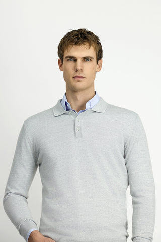  Açık Gri Melanj Polo Yaka Düğmeli Regular Fit Sıcak Tutan Yünlü Triko Kazak