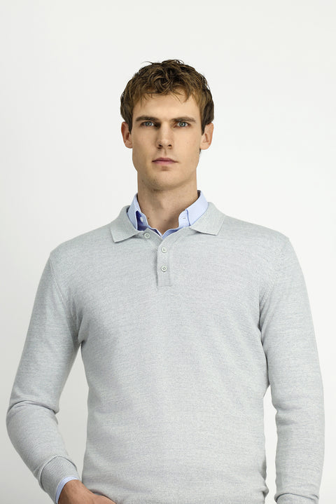 Açık Gri Melanj Polo Yaka Düğmeli Regular Fit Sıcak Tutan Yünlü Triko Kazak