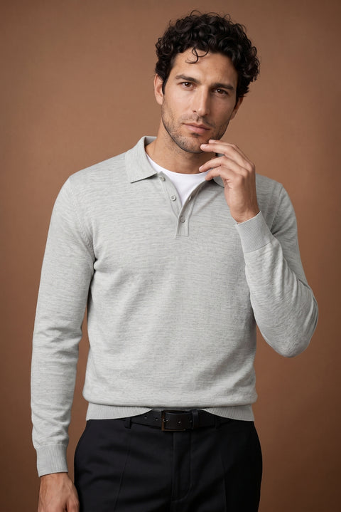 Light Grey Melange Polo Collar Button-Down Regular Fit Warm Wool Knit Sweater