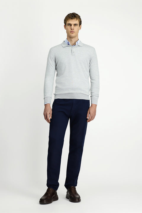 Açık Gri Melanj Polo Yaka Düğmeli Regular Fit Sıcak Tutan Yünlü Triko Kazak