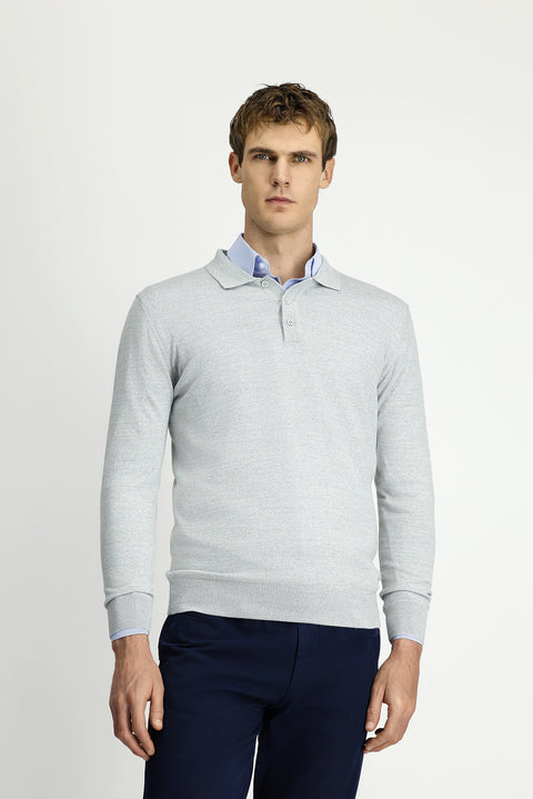 Açık Gri Melanj Polo Yaka Düğmeli Regular Fit Sıcak Tutan Yünlü Triko Kazak