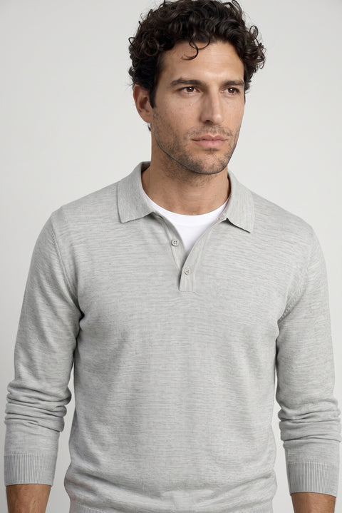 Light Grey Melange Polo Collar Button-Down Regular Fit Warm Wool Knit Sweater
