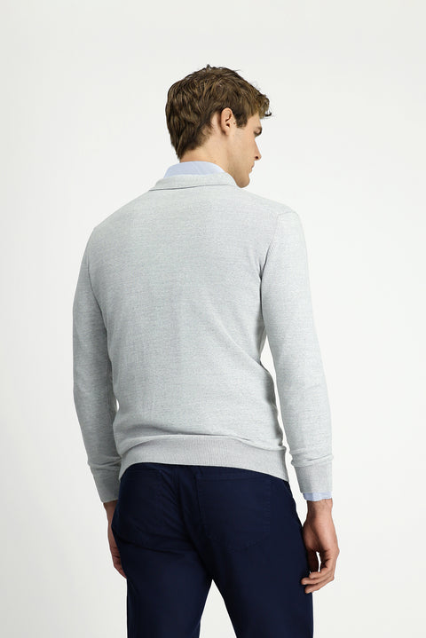 Açık Gri Melanj Polo Yaka Düğmeli Regular Fit Sıcak Tutan Yünlü Triko Kazak