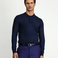 Koyu Lacivert Polo Yaka Regular Fit Yünlü Triko Kazak