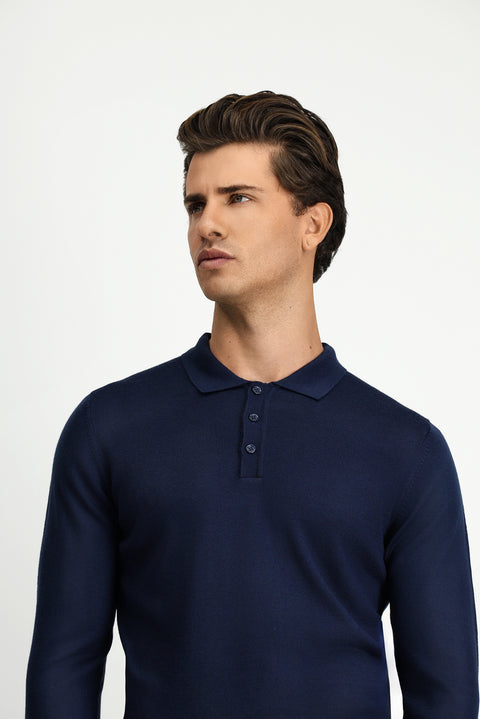 Koyu Lacivert Polo Yaka Düğmeli Regular Fit Sıcak Tutan Yünlü Triko Kazak