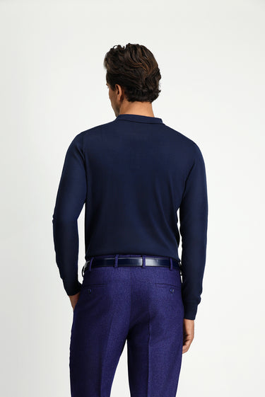 Koyu Lacivert Polo Yaka Regular Fit Yünlü Triko Kazak