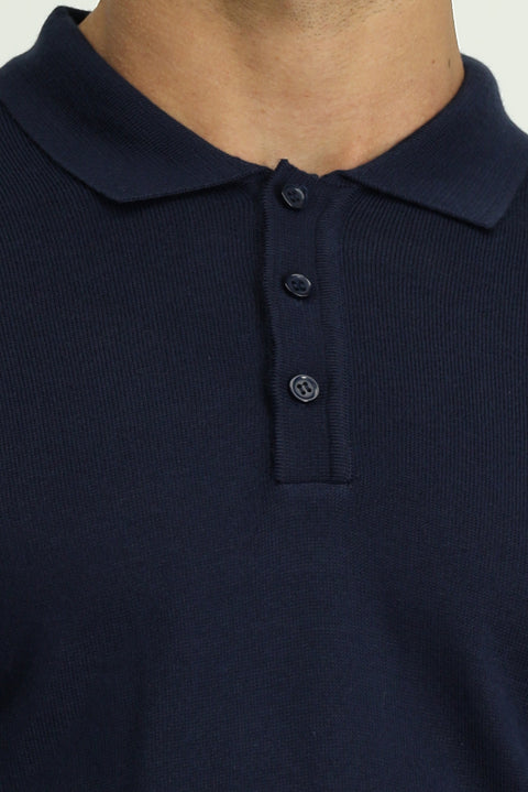 Koyu Lacivert Polo Yaka Düğmeli Regular Fit Sıcak Tutan Yünlü Triko Kazak