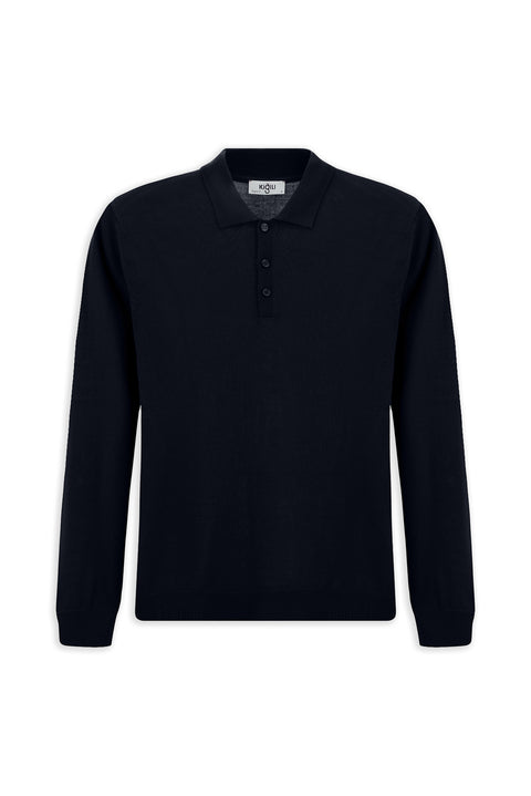 Koyu Lacivert Polo Yaka Düğmeli Regular Fit Sıcak Tutan Yünlü Triko Kazak
