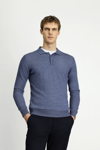  İndigo Melanj Polo Yaka Düğmeli Regular Fit Sıcak Tutan Yünlü Triko Kazak