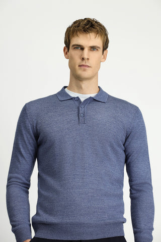  İndigo Melanj Polo Yaka Düğmeli Regular Fit Sıcak Tutan Yünlü Triko Kazak
