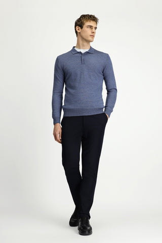  İndigo Melanj Polo Yaka Düğmeli Regular Fit Sıcak Tutan Yünlü Triko Kazak