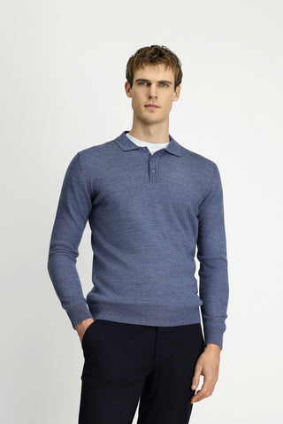  İndigo Melanj Polo Yaka Düğmeli Regular Fit Sıcak Tutan Yünlü Triko Kazak