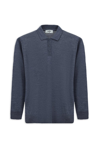  İndigo Melanj Polo Yaka Regular Fit Yünlü Örme Triko Kazak