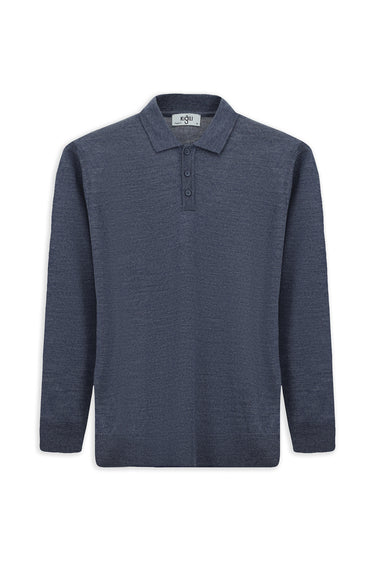 İndigo Melanj Polo Yaka Regular Fit Yünlü Örme Triko Kazak