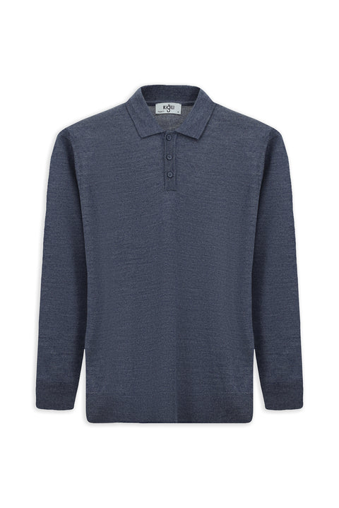 İndigo Melanj Polo Yaka Düğmeli Regular Fit Sıcak Tutan Yünlü Triko Kazak