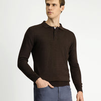Koyu Kahve Melanj Polo Yaka Regular Fit Yünlü Örme Triko Kazak