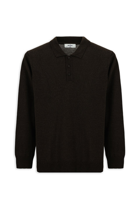 Dark Brown Melange Polo Collar Button-Down Regular Fit Warm Wool Knit Sweater