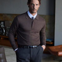 Dark Brown Melange Polo Collar Button-Down Regular Fit Warm Wool Knit Sweater