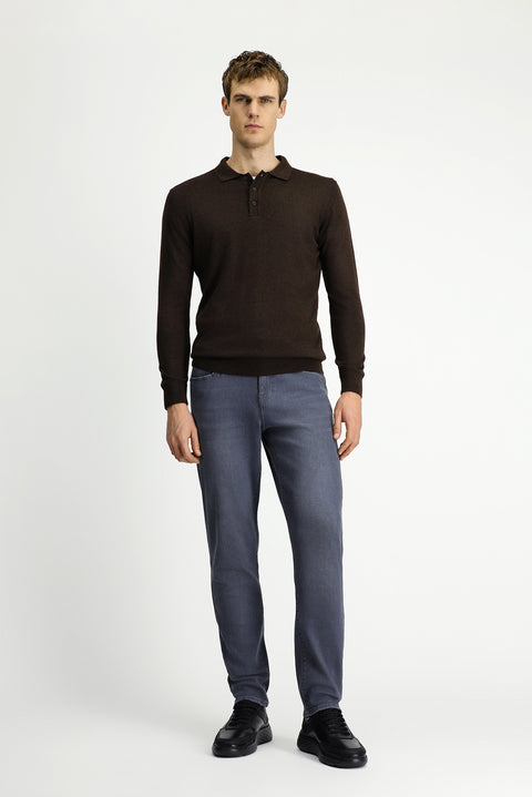 Koyu Kahve Melanj Polo Yaka Düğmeli Regular Fit Sıcak Tutan Yünlü Triko Kazak