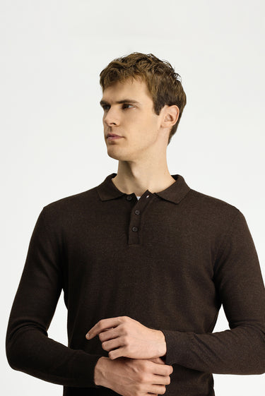  Koyu Kahve Melanj Polo Yaka Regular Fit Yünlü Triko Kazak