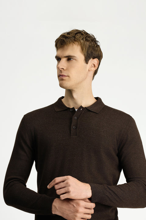 Koyu Kahve Melanj Polo Yaka Düğmeli Regular Fit Sıcak Tutan Yünlü Triko Kazak
