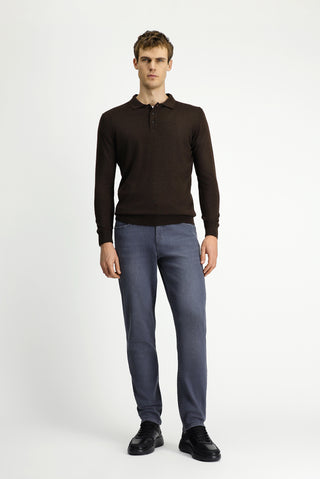  Koyu Kahve Melanj Polo Yaka Düğmeli Regular Fit Sıcak Tutan Yünlü Triko Kazak