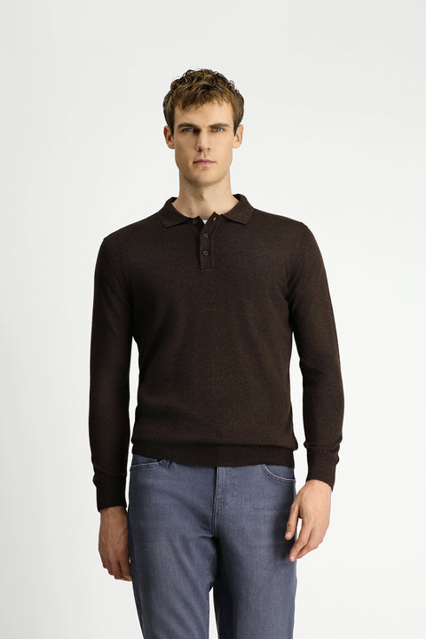 Koyu Kahve Melanj Polo Yaka Düğmeli Regular Fit Sıcak Tutan Yünlü Triko Kazak