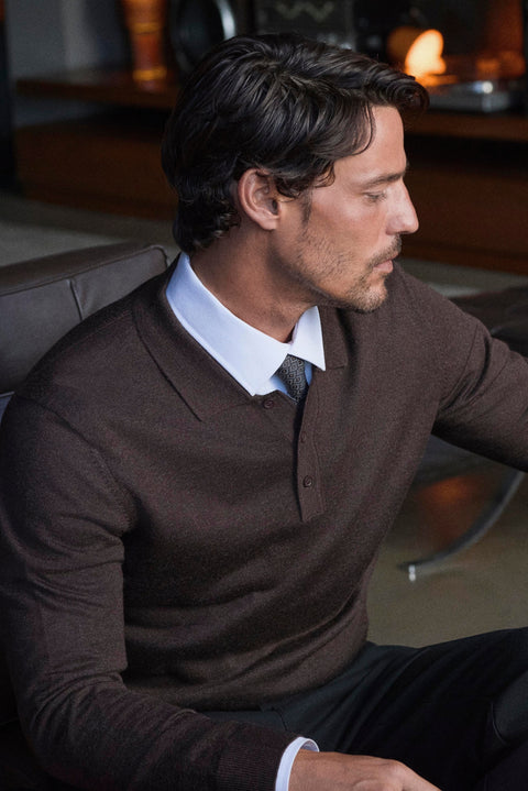 Dark Brown Melange Polo Collar Button-Down Regular Fit Warm Wool Knit Sweater