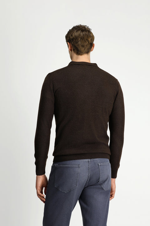 Koyu Kahve Melanj Polo Yaka Düğmeli Regular Fit Sıcak Tutan Yünlü Triko Kazak