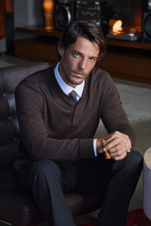 Dark Brown Melange Polo Collar Button-Down Regular Fit Warm Wool Knit Sweater