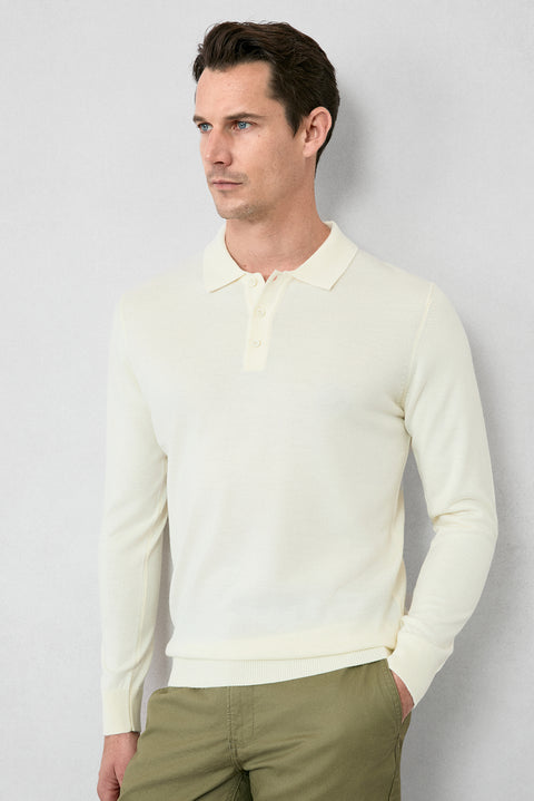 Ekru Polo Yaka Düğmeli Regular Fit Sıcak Tutan Yünlü Triko Kazak