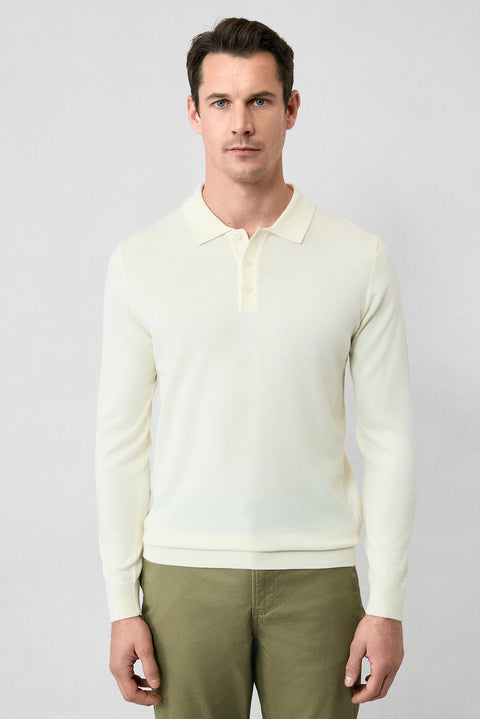 Ekru Polo Yaka Düğmeli Regular Fit Sıcak Tutan Yünlü Triko Kazak