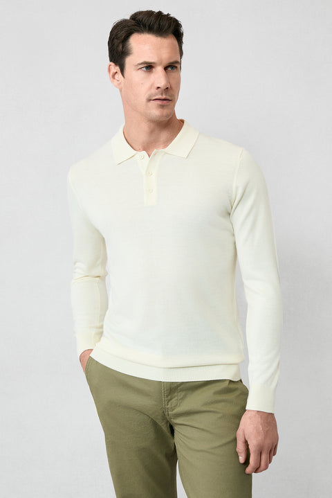 Ekru Polo Yaka Düğmeli Regular Fit Sıcak Tutan Yünlü Triko Kazak